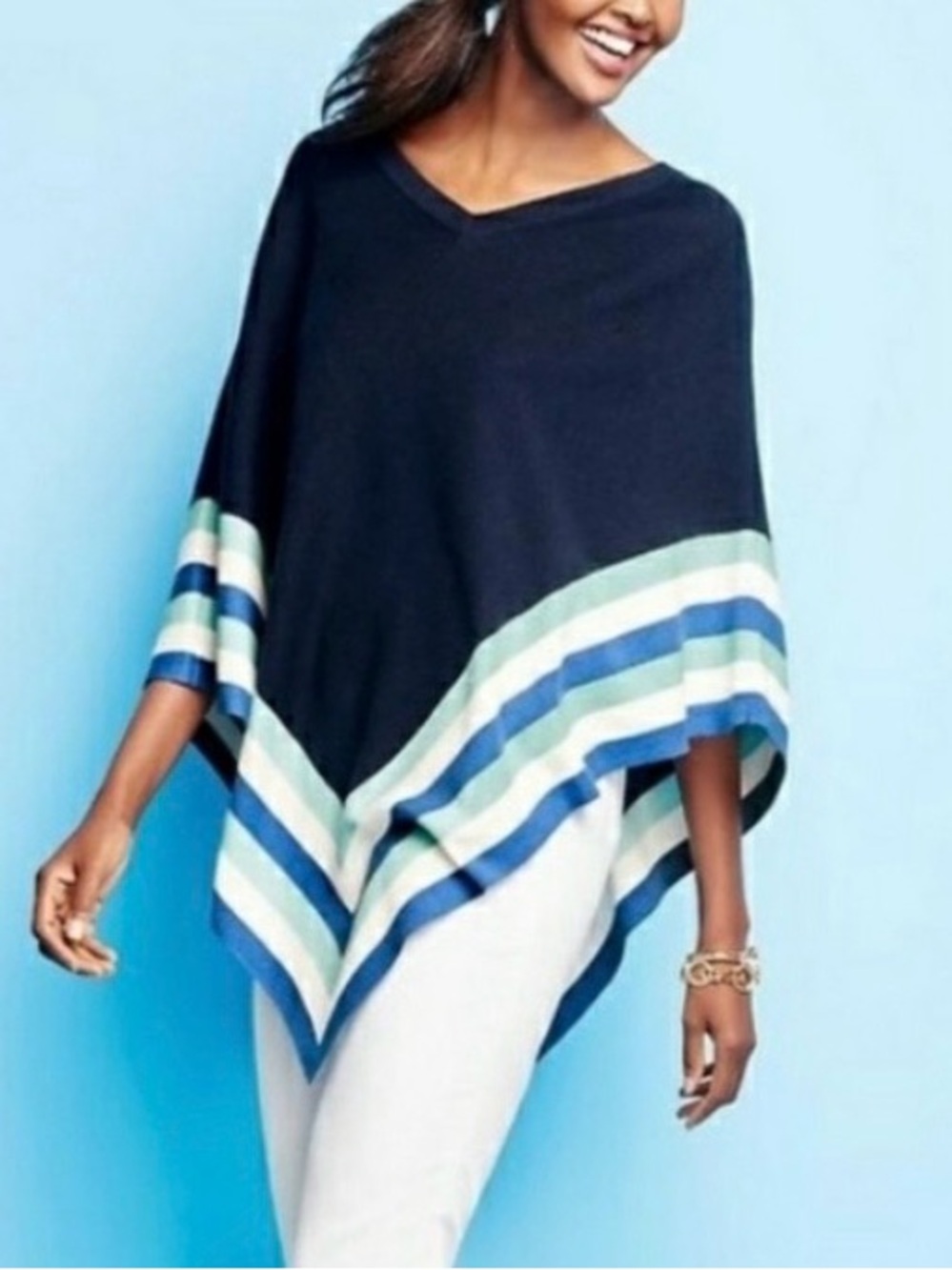 Talbots Striped Navy Blue Fall Poncho